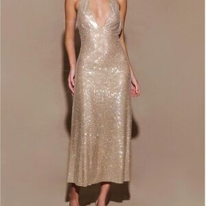 Meshki Gold Glitter Backless Dress/ Genie Diamante Halter Midi Dres